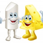 Chalk and cheese friends illustration. Opposites attracting, getting on, or complimenting each other. Could refer to successful integration or end of negotiations or bipartisanship. From the saying: like chalk and cheese, meaning opposites.